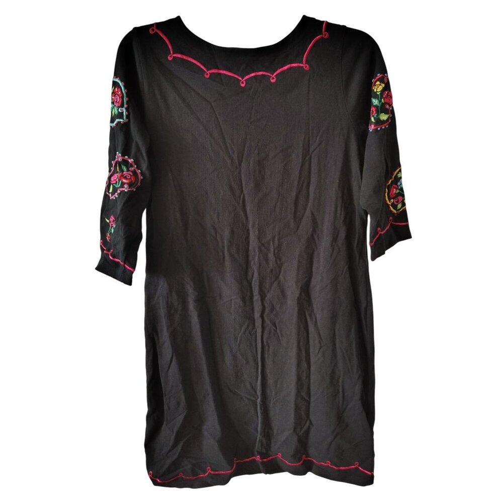Michael Simon Black Dress Large, Embroidered Flower, Cotton 3/4 Sleeve Pink Trim